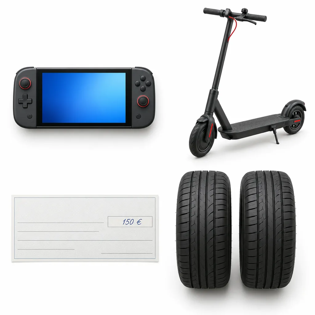 Les cadeaux au choix pour un pare-brise remplacé chez O'PAREBRISE 95 : console de jeu portable, trottinette électrique, chèque de 150 euros ou deux pneus neufs